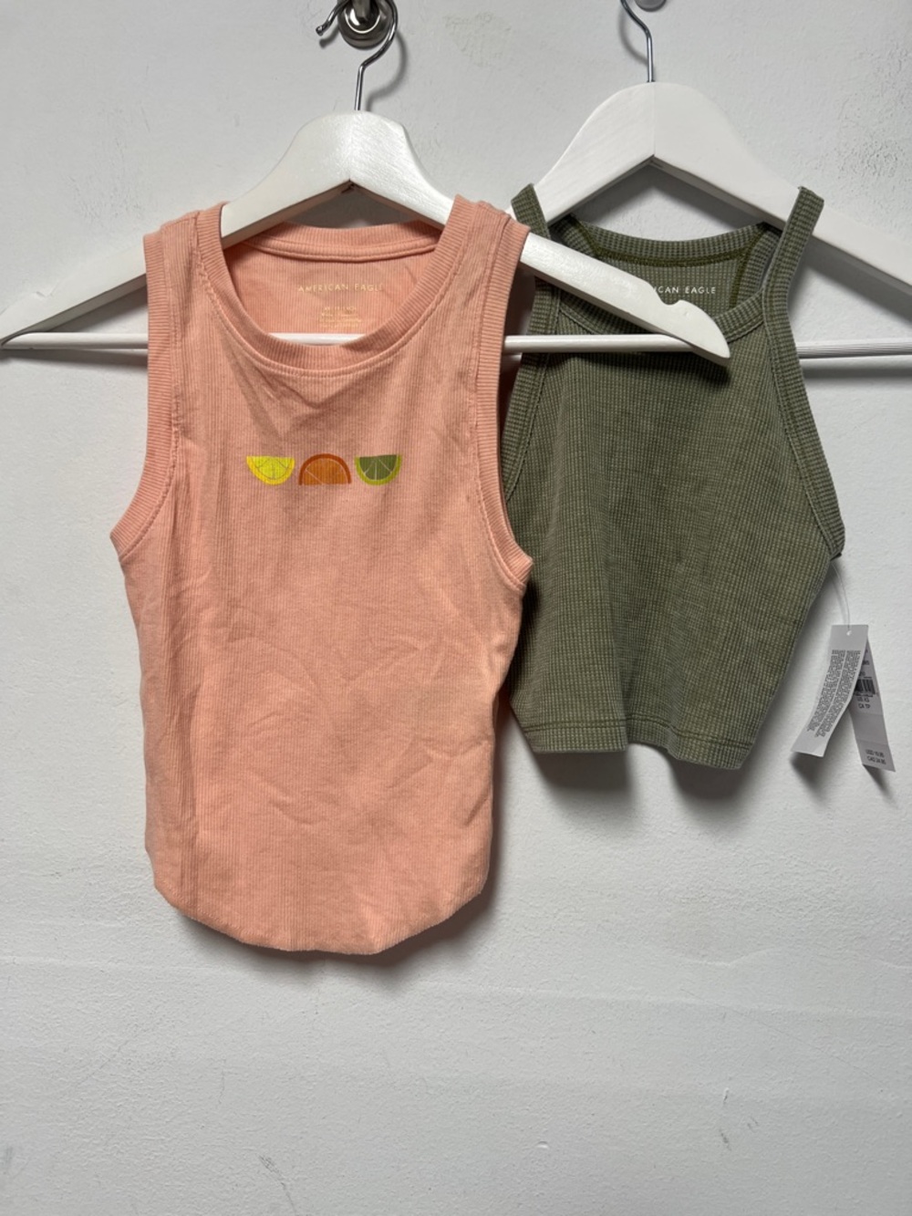 American Eagle bundle of two tanks Peach Tank Top with Citrus Graphic and green